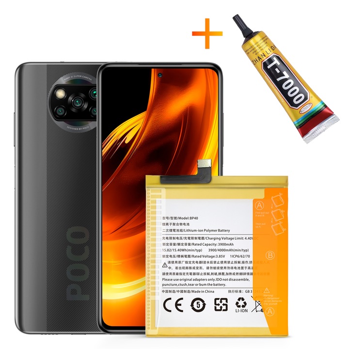 BP40 akkumulátor + T7000 ragasztó Xiaomi Redmi K20 Pro / 9T Pro készülékhez, 4000 mAh Új