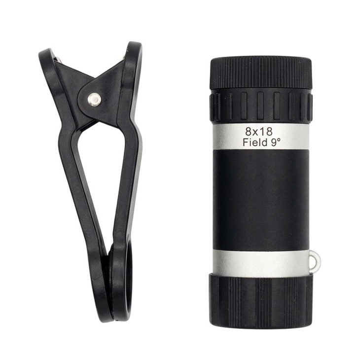 Универсален телескоп обектив за телефон 8x оптично увеличение + Щипка и аксесоари, Ъгъл на виждане: 9°, Индикация при стандартна употреба, 30 х 75 милиметра, Черен
