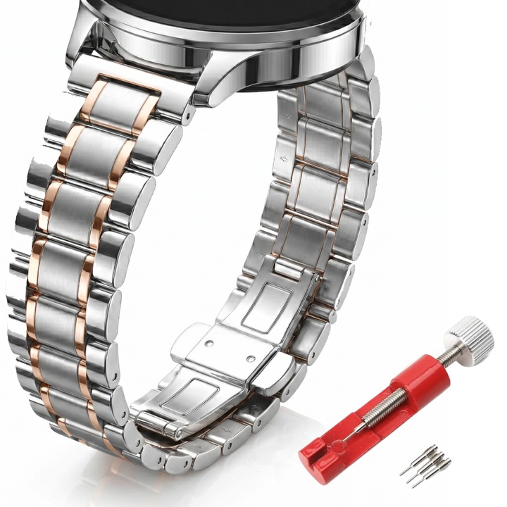 Fém szíj Samsung Galaxy Watch 4 / 5 / 6 / 7 / FE, Huawei Watch GT2 / GT3 42mm, Polar 2 / 3 / Unite, Amazfit Bip GTR 42mm, GTS 2 / 3 / 4 / Mini, Garmin Forerunner 165 / 245 / 55 / 645, Venu / SQ, Vivoactive 3 / 5 / Music, 20mm, Ezüst/Arany