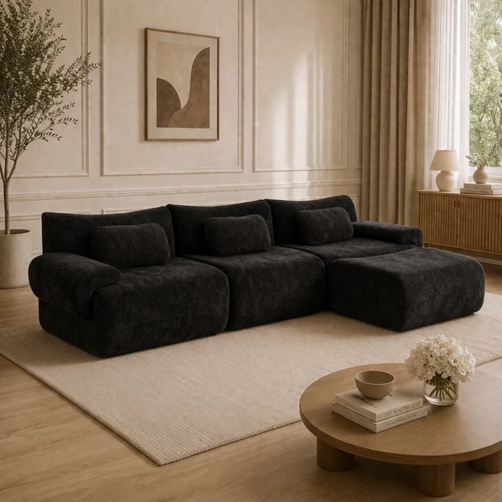 Canapea Modulara, TOP SCAUNE®, 274x161x 65 cm, Canapea in Forma de L Reconfigurabila, Tapiterie Chenille Premium, 3 Perne Incluse, Otoman Extensibil Pentru Relaxare, Confort Ergonomic, Design Modern, Fara Montaj, Extindere Automata, Negru