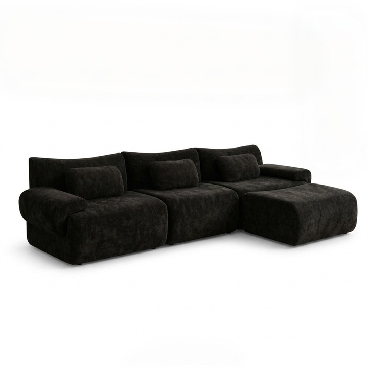 Canapea Modulara, TOP SCAUNE®, 274x161x 65 cm, Canapea in Forma de L Reconfigurabila, Tapiterie Chenille Premium, 3 Perne Incluse, Otoman Extensibil Pentru Relaxare, Confort Ergonomic, Design Modern, Fara Montaj, Extindere Automata, Negru