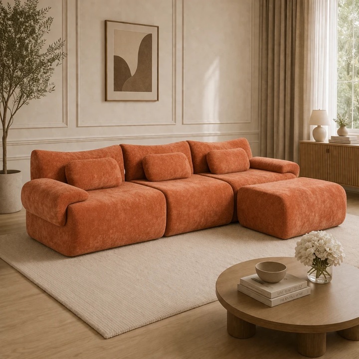 Canapea Modulara, TOP SCAUNE®, 274x161x 65 cm, Canapea in Forma de L Reconfigurabila, Tapiterie Chenille Premium, 3 Perne Incluse, Otoman Extensibil Pentru Relaxare, Confort Ergonomic, Design Modern, Fara Montaj, Extindere Automata, Portocaliu
