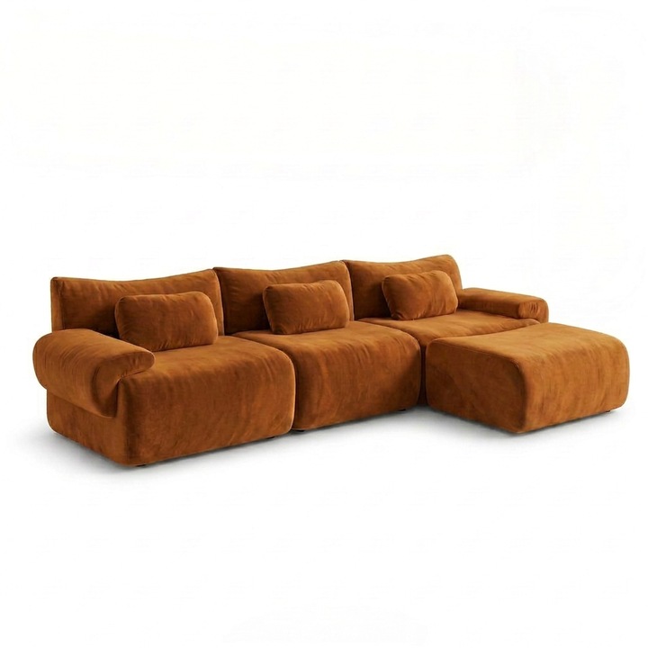 Canapea Modulara, TOP SCAUNE®, 274x161x 65 cm, Canapea in Forma de L Reconfigurabila, Tapiterie Chenille Premium, 3 Perne Incluse, Otoman Extensibil Pentru Relaxare, Confort Ergonomic, Design Modern, Fara Montaj, Extindere Automata, Portocaliu