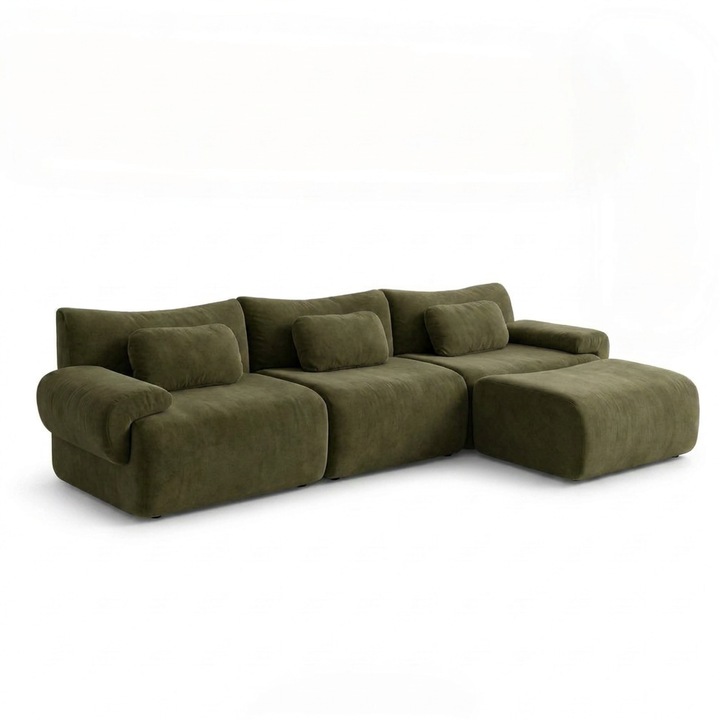 Canapea Modulara, TOP SCAUNE®, 274x161x 65 cm, Canapea in Forma de L Reconfigurabila, Tapiterie Chenille Premium, 3 Perne Incluse, Otoman Extensibil Pentru Relaxare, Confort Ergonomic, Design Modern, Fara Montaj, Extindere Automata, Verde