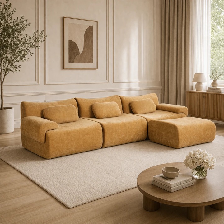 Canapea Modulara, TOP SCAUNE®, 274x161x 65 cm, Canapea in Forma de L Reconfigurabila, Tapiterie Chenille Premium, 3 Perne Incluse, Otoman Extensibil Pentru Relaxare, Confort Ergonomic, Design Modern, Fara Montaj, Extindere Automata, Galben