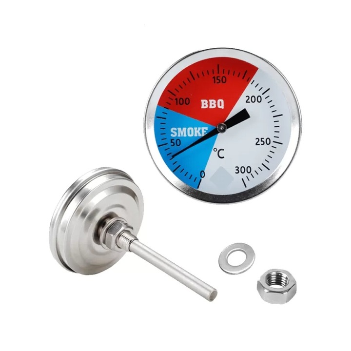 Termometru metalic cuptor si gratar, 0-300°C, inox, cadran 52 mm, indicator temperatura precis, rezistent temperaturi ridicate