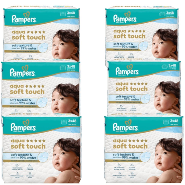Servetele umede bebelusi Pampers Aqua Soft Touch, 18 pachete a cate 48 bucati, fara alcool si parfum, 99% apa