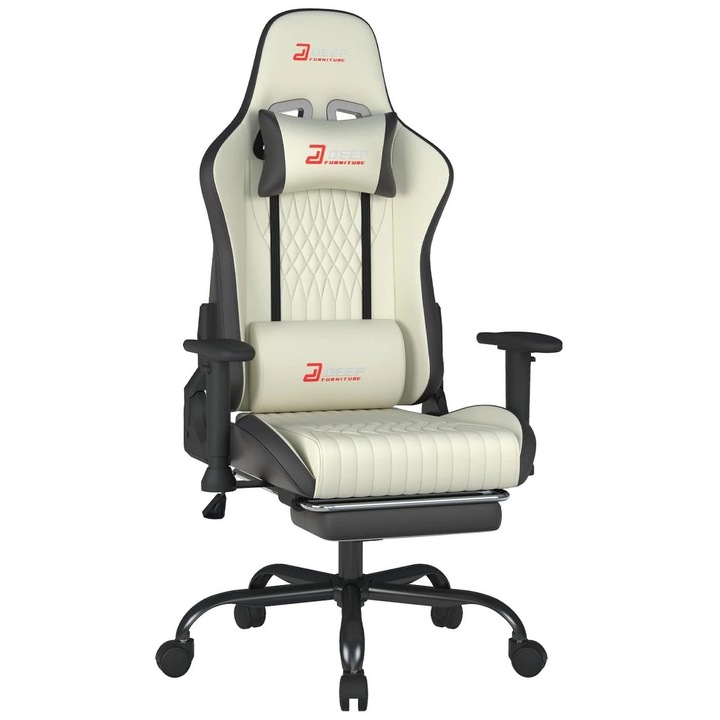 Scaun Gaming, TOP SCAUNE®, Scaun Gaming Ergonomic Cu Masaj Lombar Vibrator, Suport Picioare Extensibil Rabatabil, Cotiere 2D Reglabile, Spatar Reclinabil 155°, Piele PU Premium, Baza Metalica Rezistenta, Roti Silentioase, Alb