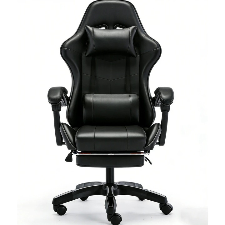 Scaun Gaming, TOP SCAUNE®, Scaun Gaming Ergonomic Cu Masaj Lombar Vibrator, Spatar Rabatabil 90-145°, Suport Picioare Retractabil, Piele PU Rezistenta, Perne Lombare Si Cervicale Reglabile, Baza Nylon Stabila, Rotire 360°, Negru