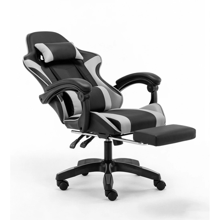 Scaun Gaming, TOP SCAUNE®, Scaun Gaming Ergonomic Cu Masaj Lombar Vibrator, Spatar Rabatabil 90-145°, Suport Picioare Retractabil, Piele PU Rezistenta, Perne Lombare Si Cervicale Reglabile, Baza Nylon Stabila, Rotire 360°, Negru/Gri