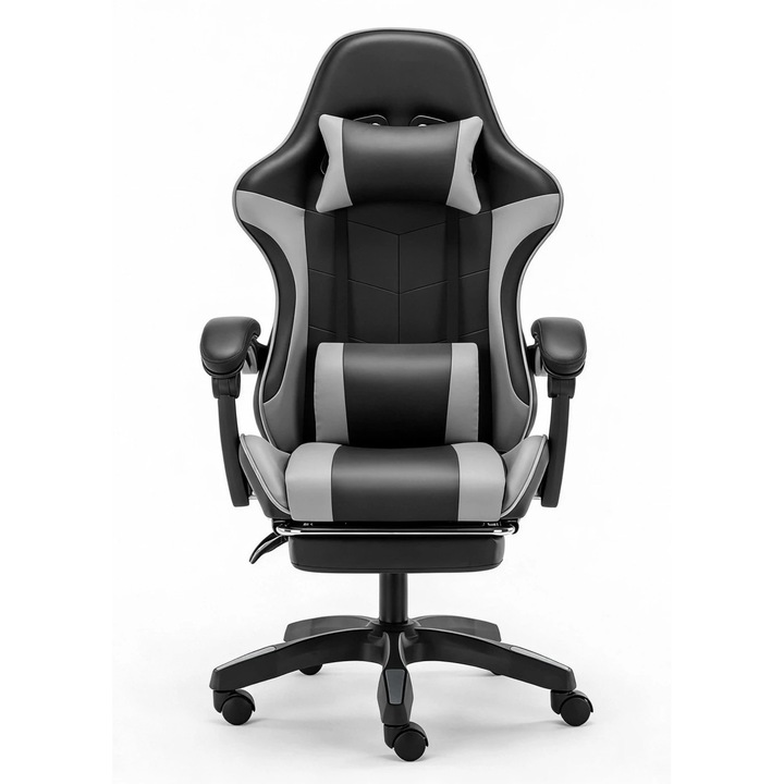 Scaun Gaming, TOP SCAUNE®, Scaun Gaming Ergonomic Cu Masaj Lombar Vibrator, Spatar Rabatabil 90-145°, Suport Picioare Retractabil, Piele PU Rezistenta, Perne Lombare Si Cervicale Reglabile, Baza Nylon Stabila, Rotire 360°, Negru/Gri