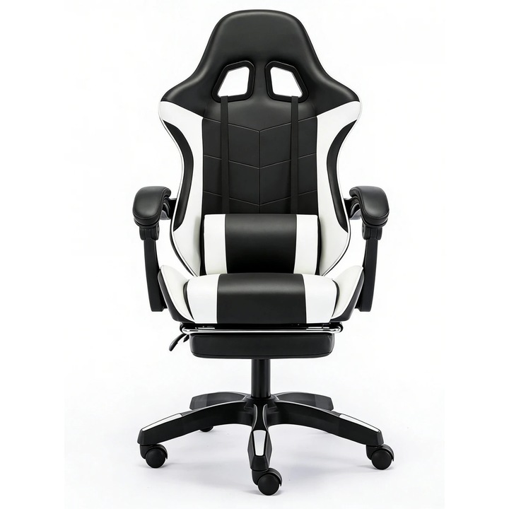 Scaun Gaming, TOP SCAUNE®, Scaun Gaming Ergonomic Cu Masaj Lombar Vibrator, Spatar Rabatabil 90-145°, Suport Picioare Retractabil, Piele PU Rezistenta, Perne Lombare Si Cervicale Reglabile, Baza Nylon Stabila, Rotire 360°, Negru/Alb
