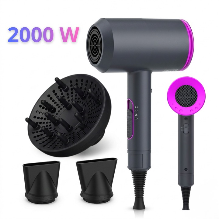 Uscator de par profesional ionic Lewer ®, uscarea rapida ca la salon, nucleu ceramic, ioni negativi, cu 2 viteze si 3 trepte de temperatura, Putere 2000W, Set 3 Accesorii, Roz si Negru