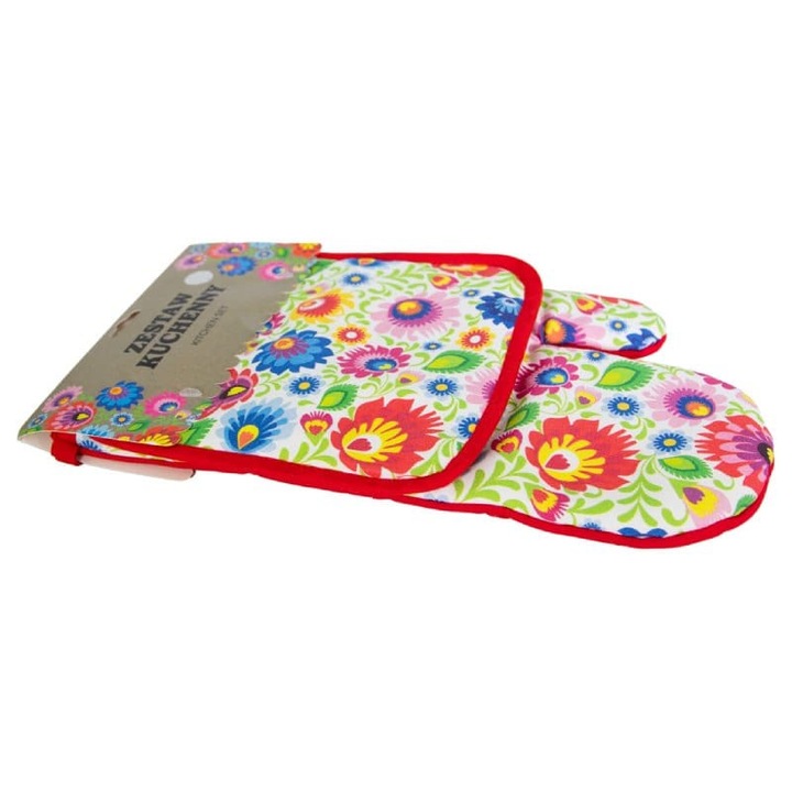 Konyhai szett, kesztyű és edényfogó, többszínű virágmintás, 29.5x14.5cm és 18.5x18.5cm