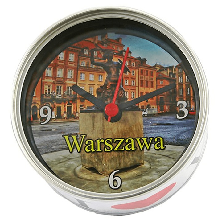 Dekoratív óra konzervdobozban, Varsó, fényképpel, 86x50mm, alumínium, működőképes