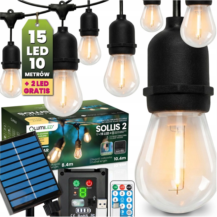 Lumiled napelemes füzér 15 LED 10m 2700K pilótafénnyel