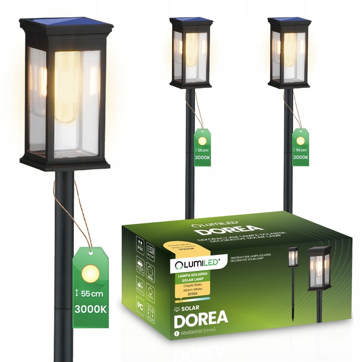 3x DOREA LED napelemes lámpa készlet, díszítő, fekete, 55x6.8x6.7cm