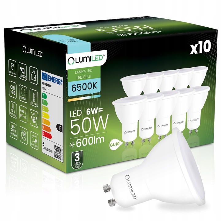 Комплект 10 LED крушки GU10 6W, 600lm, 6500K, студено бяло