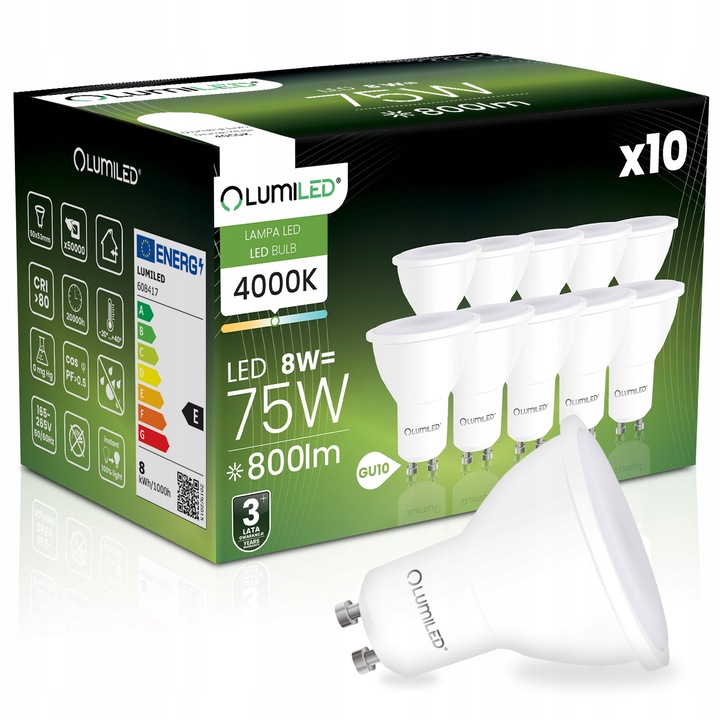 Комплект 10 LED крушки GU10 8W 800lm 4000K, бяла, PAR16