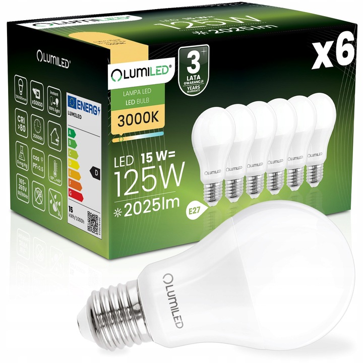 Комплект 6 LED крушки E27 15W 2025lm 3000K Lumiled