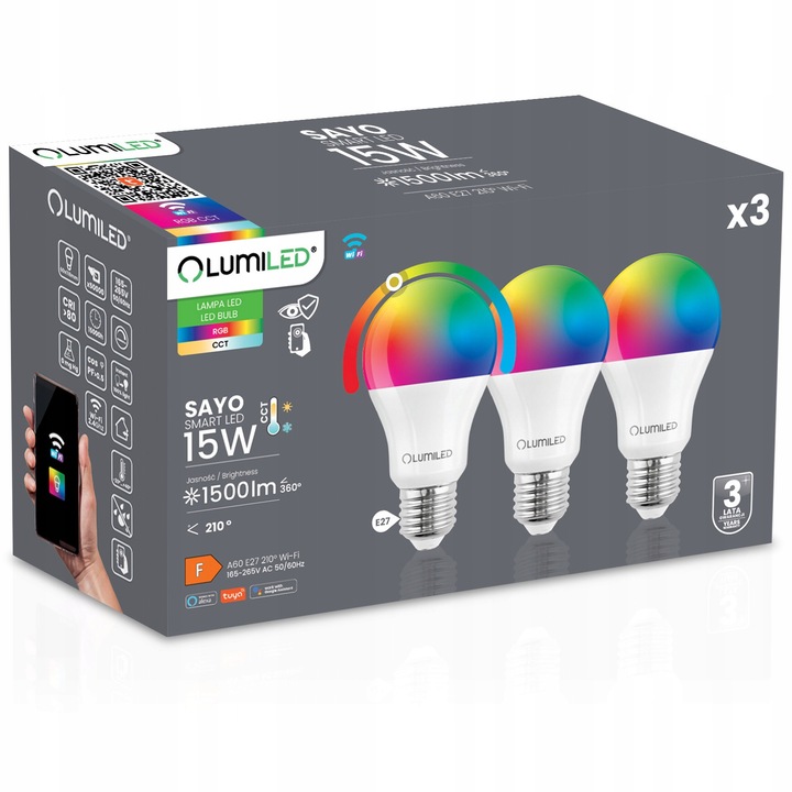 Set 3x Bec LED E27 15W RGB CCT Inteligent WiFi LUMILED, 1500 lm, Alb