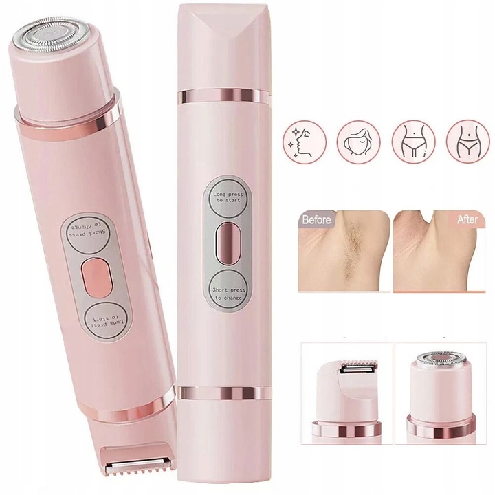 Epilator electric pentru femei, roz, 151x32x30mm, set cu perie de curatare si cablu USB
