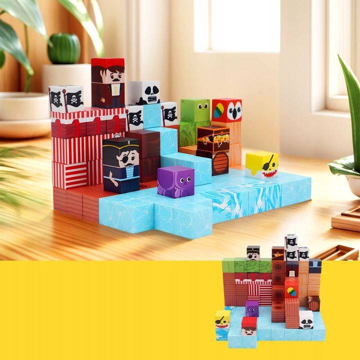 Set de 100 Klocki Magnetice, constructie tematica pirat, 2x2cm, plastic, multicolor