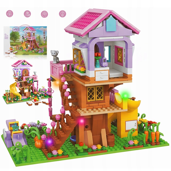 Set de constructie pentru casuta in copac cu LED, 685 piese, plastic, 20,5x25,6x13cm, multicolor