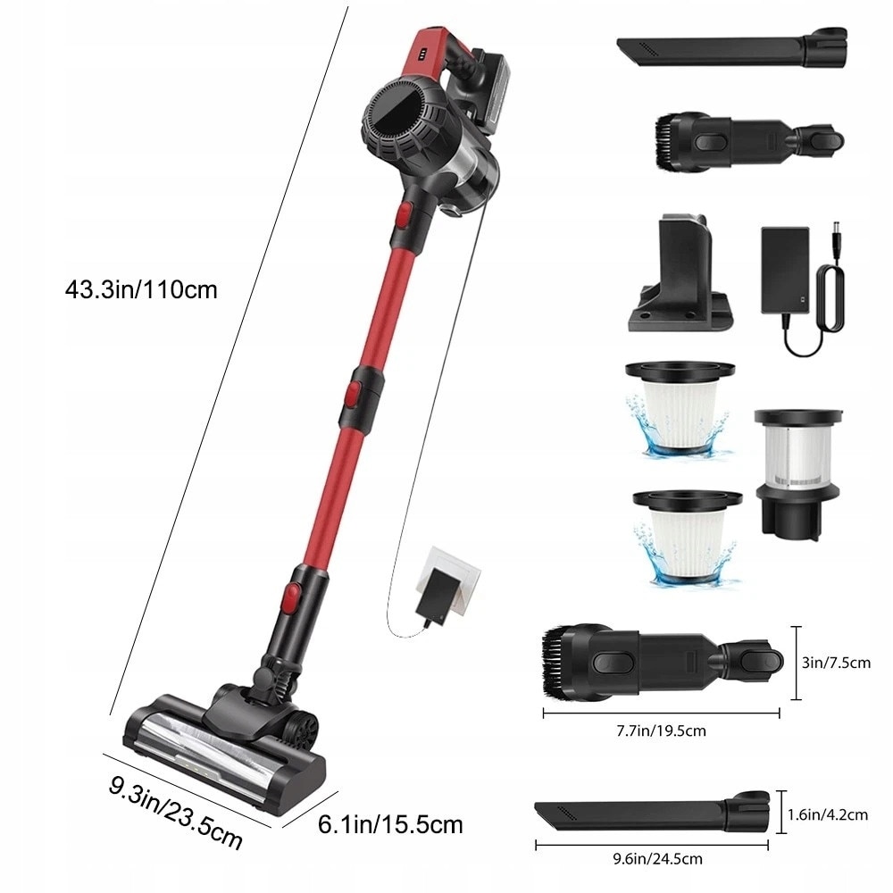 Aspirator fara fir, 6000W, sistem ciclon, 1,2L, rosu si negru, set cu 9 accesorii
