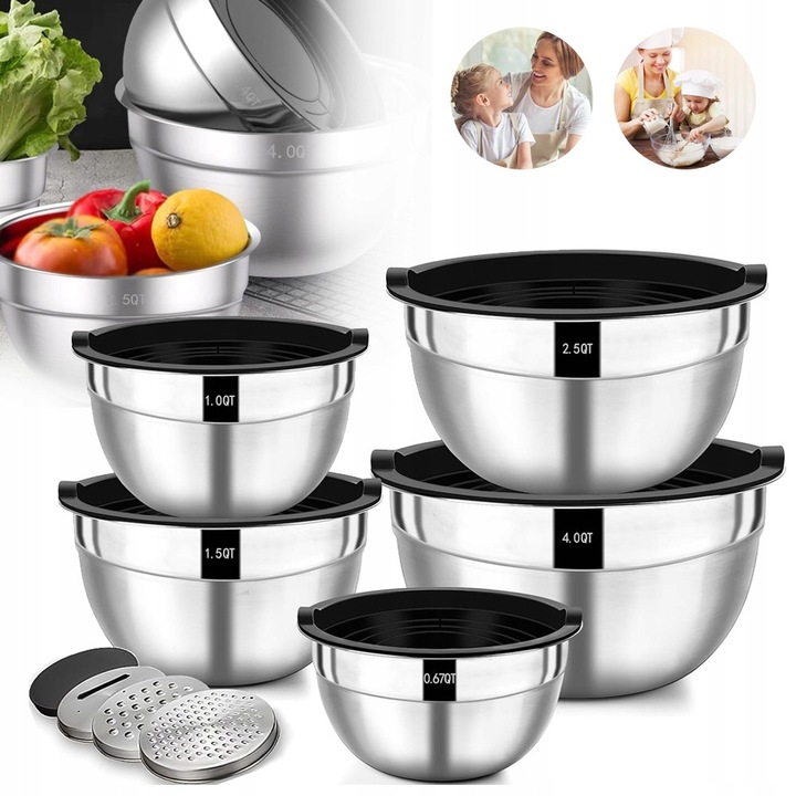 Set 5 boluri din inox, capacitate 4,5l/2,7l/1,6l/1,1l/0,7l, culoare neagra