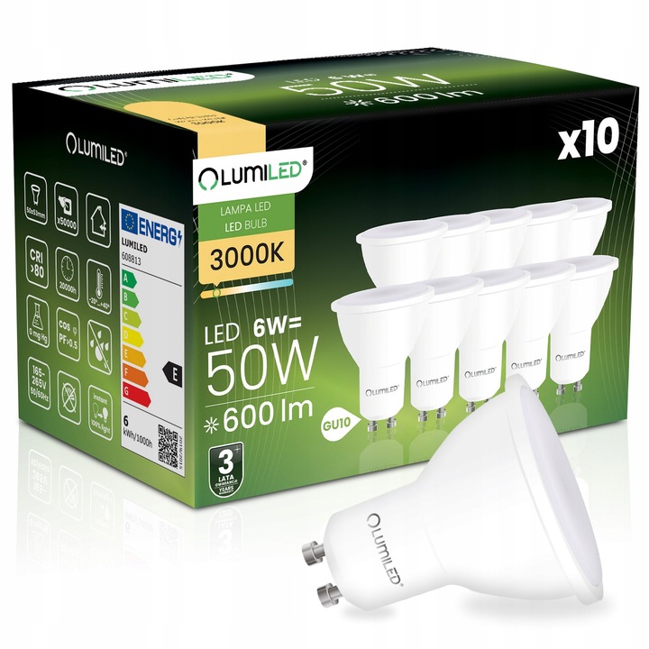 Комплект 10 LED крушки GU10 6W, 600lm, 3000K, топло бяло, PAR16