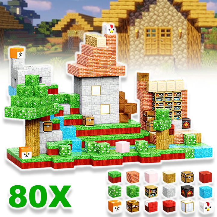 Set de constructie educational cu 80 de piese, tematica Minecraft, plastic, pentru copii de 3 ani+