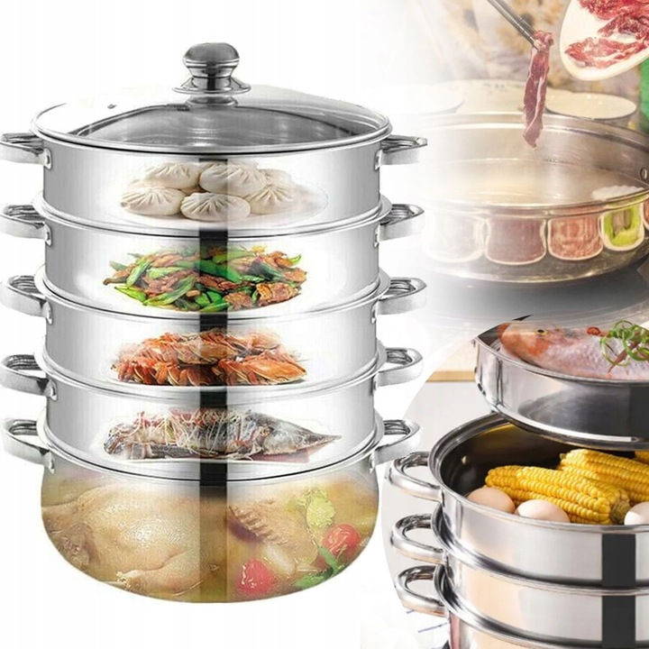 Oala de gatit 5 straturi din inox, 30cm, argintiu, set complet
