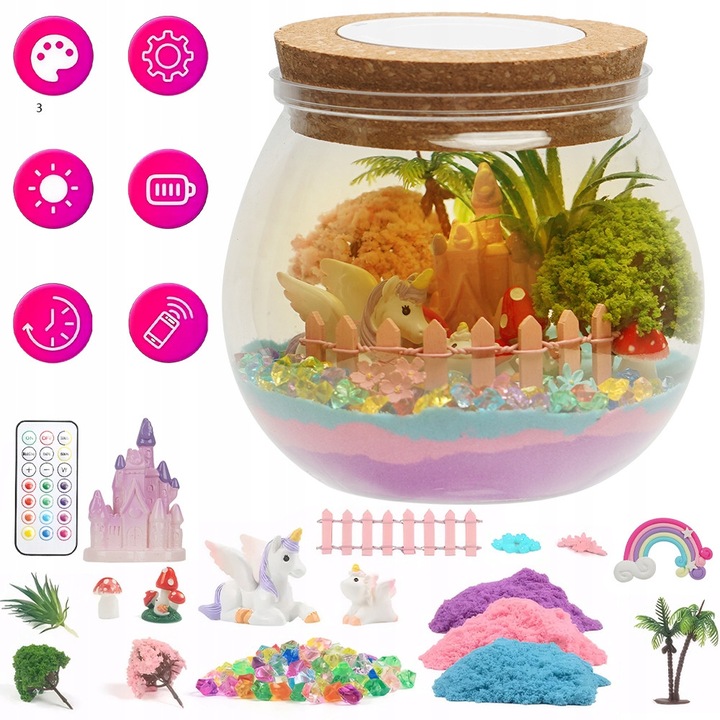 Set creativ pentru copii, terrarium cu tema de unicorni, 13 culori, iluminare LED, dimensiuni variate.