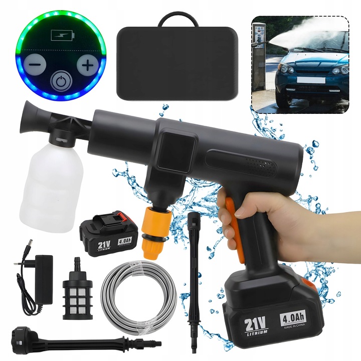 Aparat de spalat cu presiune fara fir 21V, 6 in 1, 2 baterii, 65 bar, 5m furtun, negru, set complet