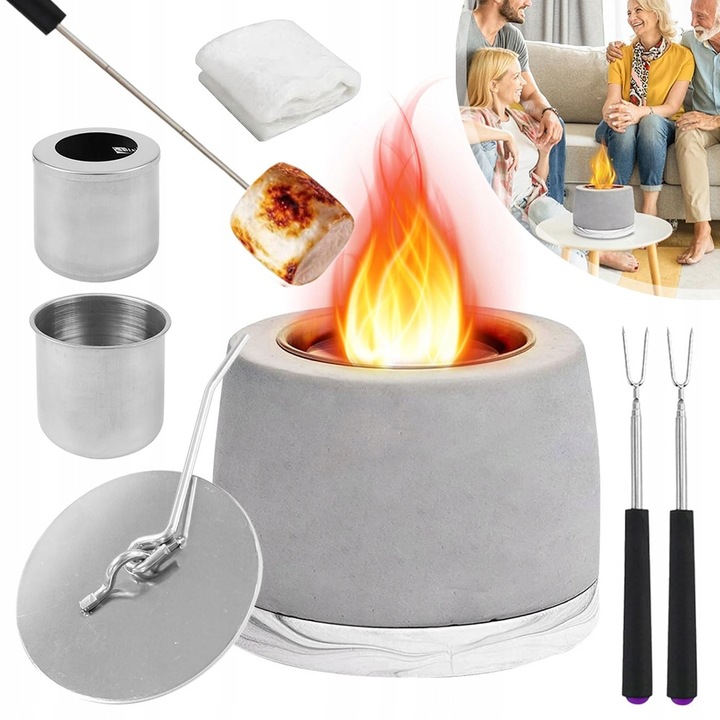 Mini semineu din beton, design minimalist, alimentare cu alcool, gri, 11,3x7,6cm, set complet