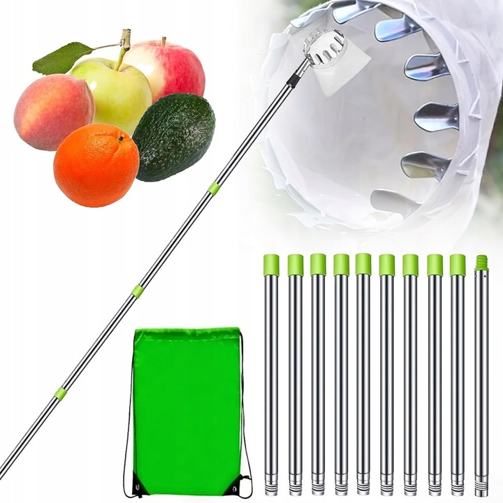 Zgarnitor telescopic pentru fructe, 320cm, verde, set cu sac de depozitare