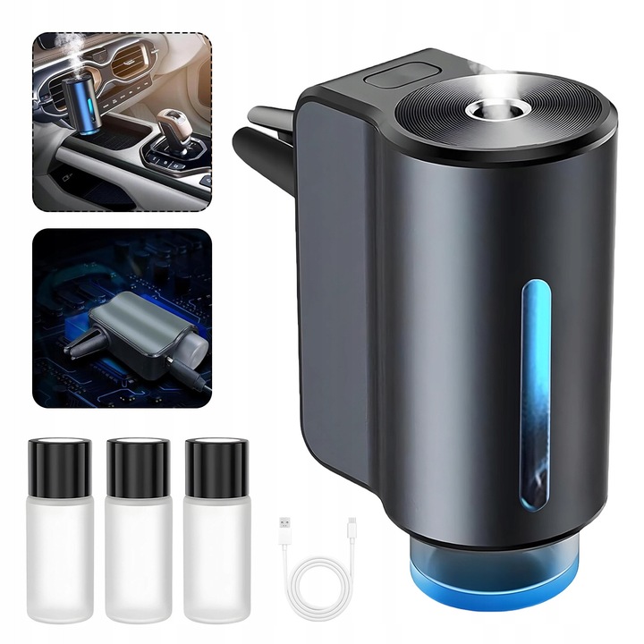 Difuzor de aroma pentru masina, 3 moduri, negru, 6x3x3cm, set cu 3 uleiuri esentiale