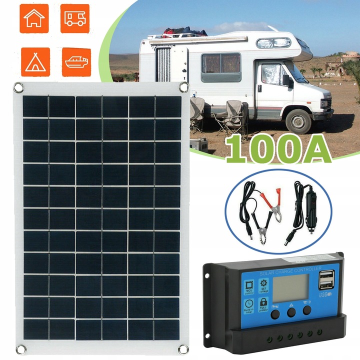Panou solar, 12V, pentru camper si remorca, negru