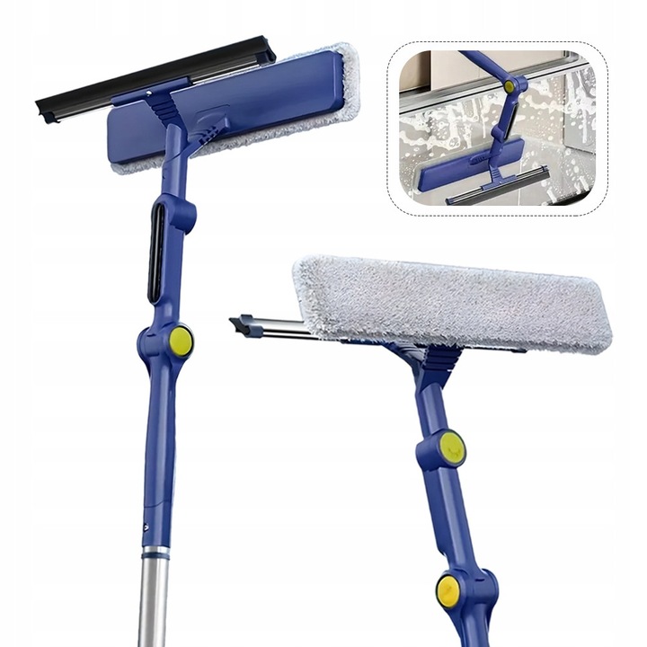 Mop telescopic pentru feronerie, cu racleta din cauciuc, albastru