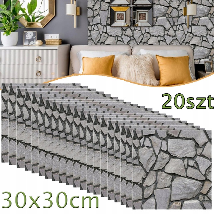 Set 20x Panouri 3D autocolante, aspect caramida, gri, 30x30cm