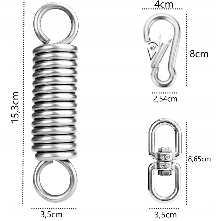 Fotel suspendat cu arc, 304 otel inoxidabil, rotativ 360°, argintiu, set cu 2 carabiniere