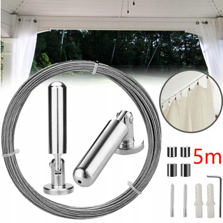 Sistem de prindere pentru perdele, 5m, 2 suporturi, inox, 9x2,4cm