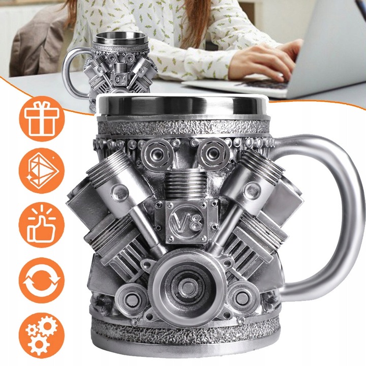 Чаша от неръждаема стомана с V8 двигател, двойна стена