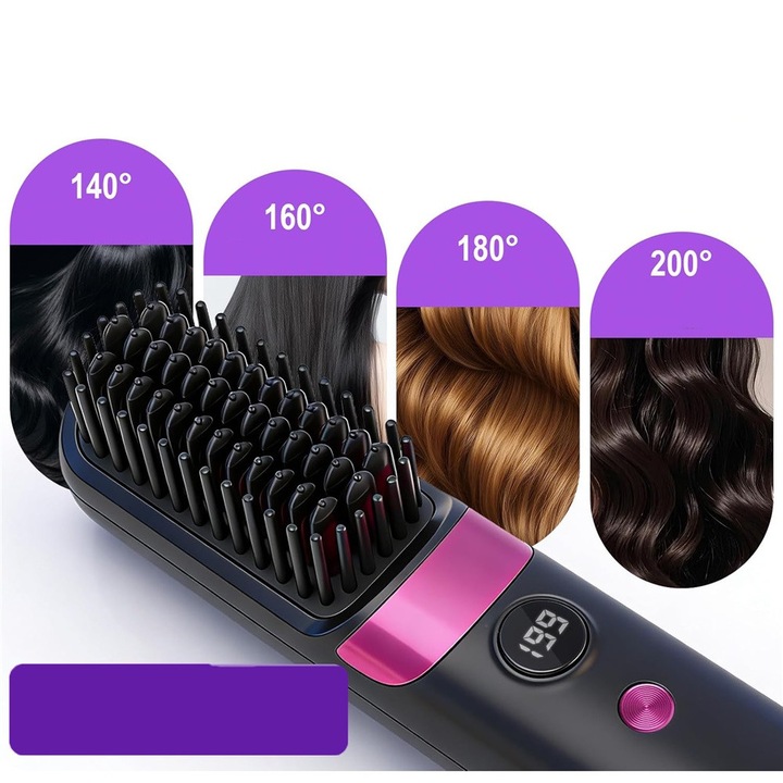 Perie de par electrica, negru-violet, 4 niveluri de temperatura, 20,5x4,5x4,5cm, set cu cablu USB