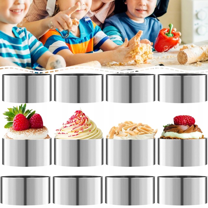Set 12 forme cilindrice din inox cu 12 capace pentru prajituri, 8x4cm, argintii