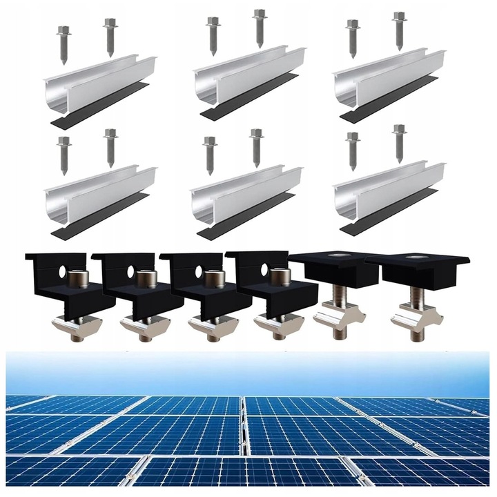 Set montaj pentru panouri solare, 6 sine 120mm, 4 suporturi finale, 2 suporturi intermediare, aluminiu, pentru acoperisuri plate si trapezoidale