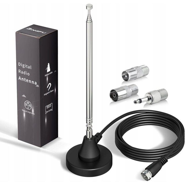 Antena radio DAB+ FM, telescopica cu baza magnetica, 20-80,5cm, neagra, set complet