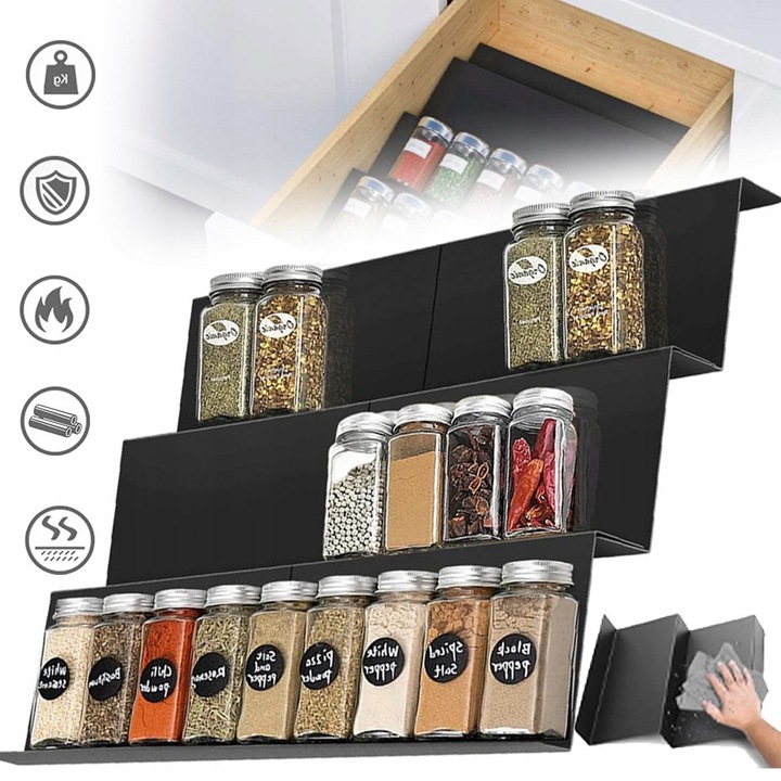 Insert de organizare condimente pentru sertar, inox, extensibil, 3 niveluri, negru