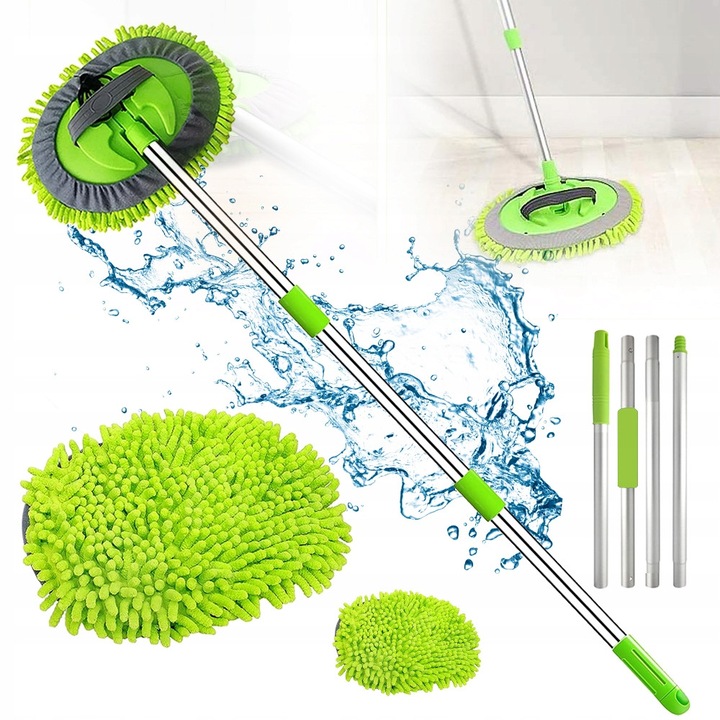 Mop telescopic 2 in 1 pentru spalarea masinii, verde, 54-110 cm, set cu 3 capete de mop